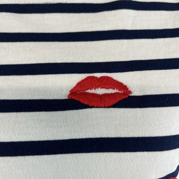J. Crew Top Pullover sz Small Ivory Navy Blue Striped Lip Stick Lips Embroidery - Picture 4 of 7